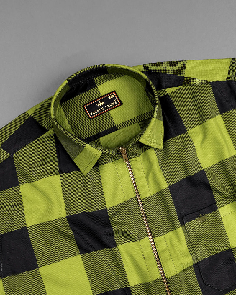 Avocado Green and Jade Black Checkered Flannel zipper Over Shirt
