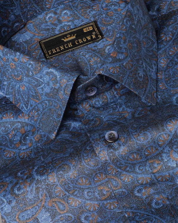 Marino Blue with Jade Black Paisley Printed Super Soft Premium Cotton Shirt