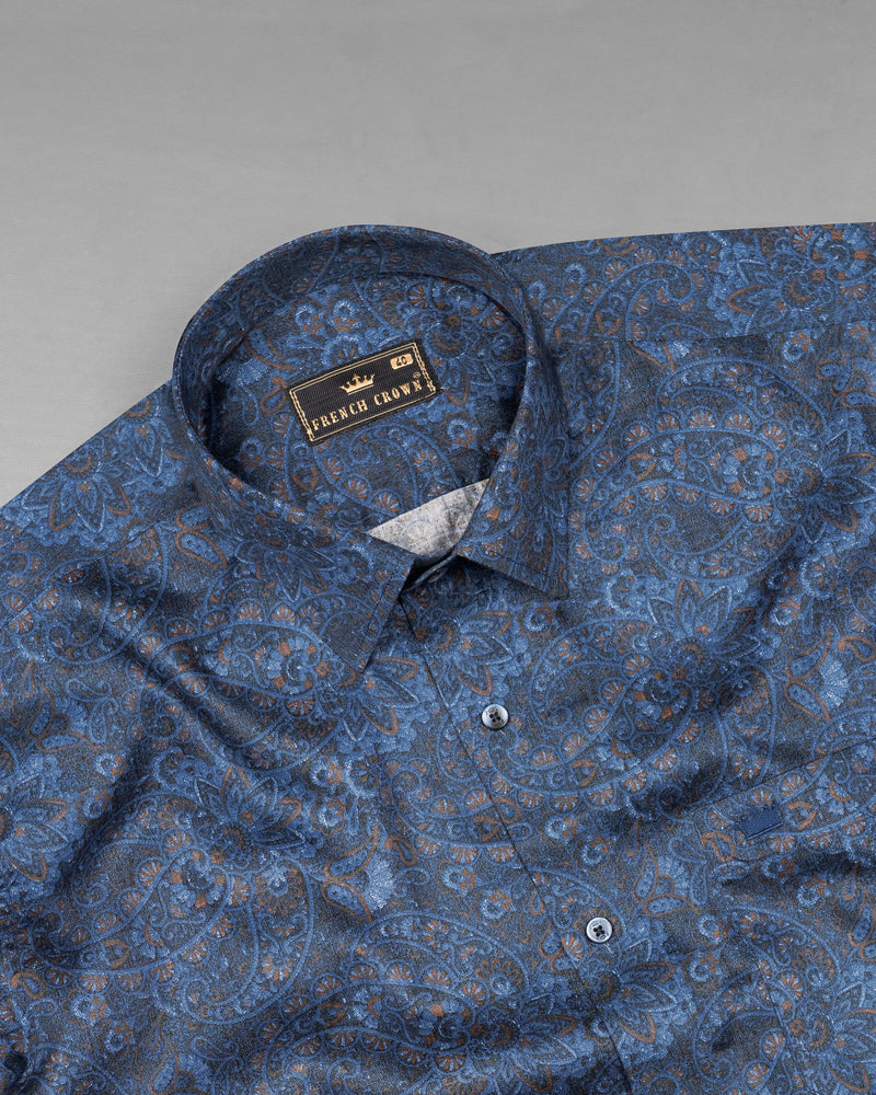 Marino Blue with Jade Black Paisley Printed Super Soft Premium Cotton Shirt