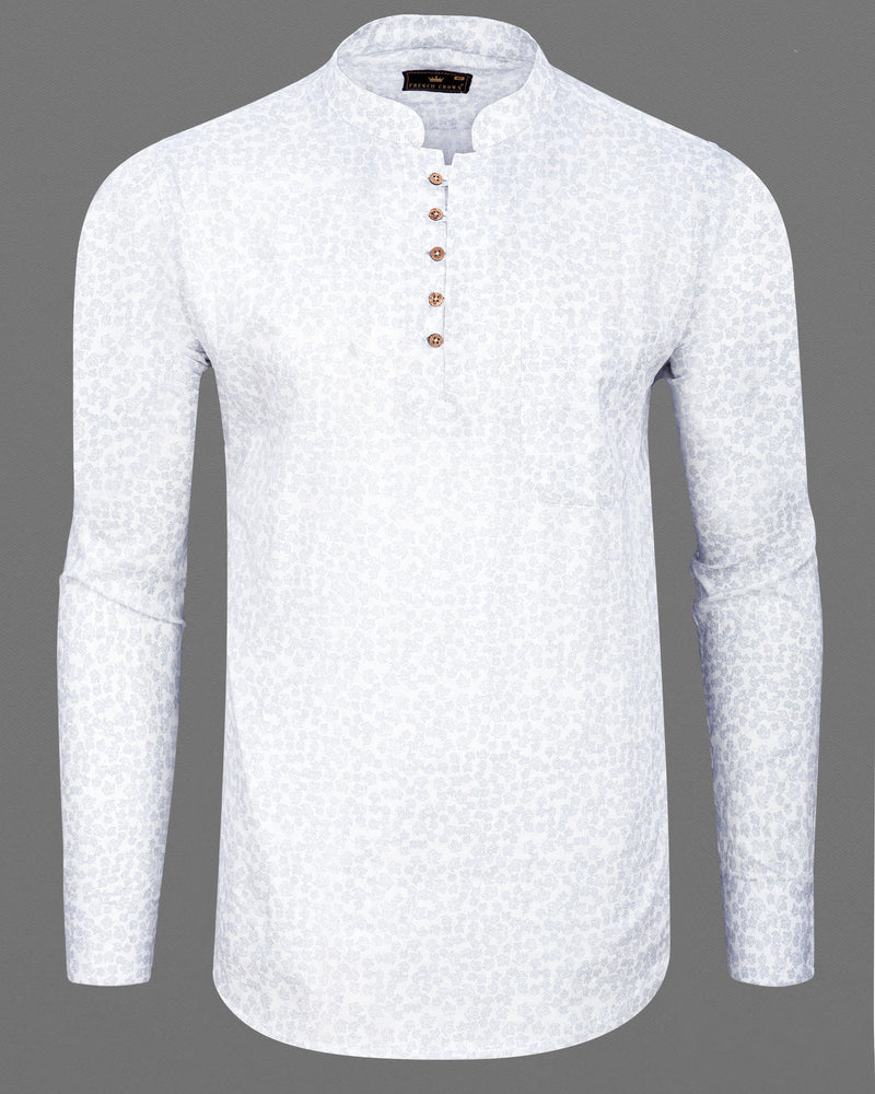 Mercury white Leaves Printed Dobby Textured Premium Giza Cotton Kurta Shirt
