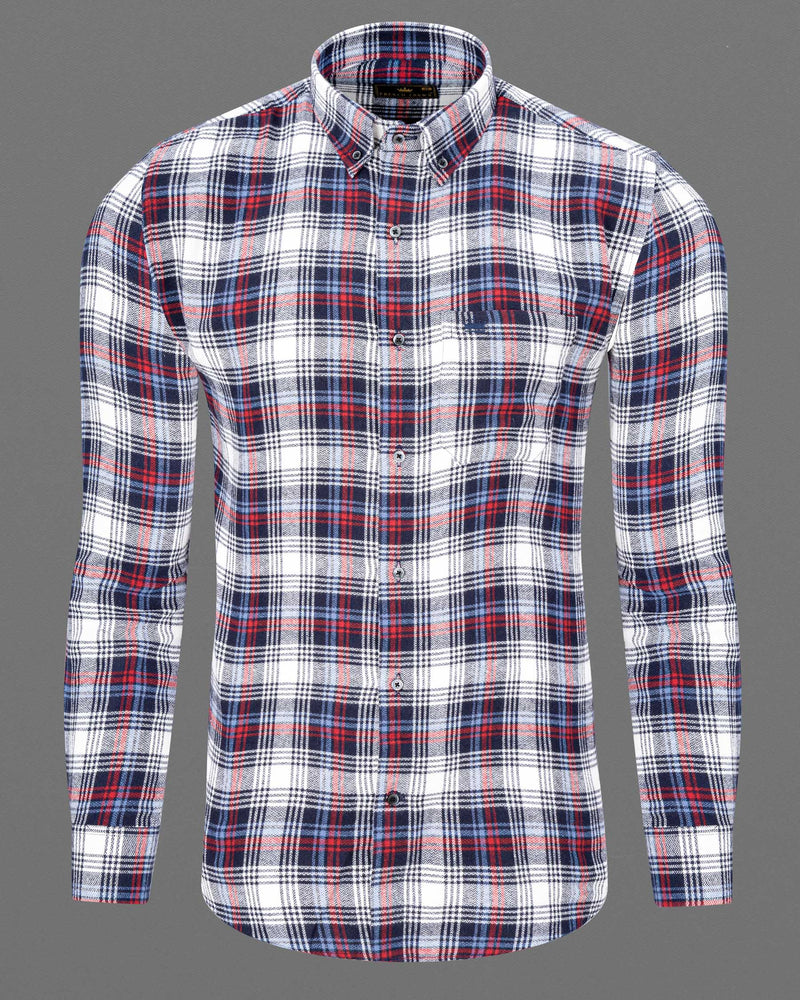Bright White with Jagger Blue and Cardinal Red Plaid Flannel Shirt