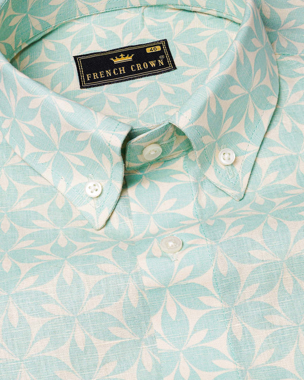 Cyan Opaque Repeated Floral Printed Luxurious Linen Shirt