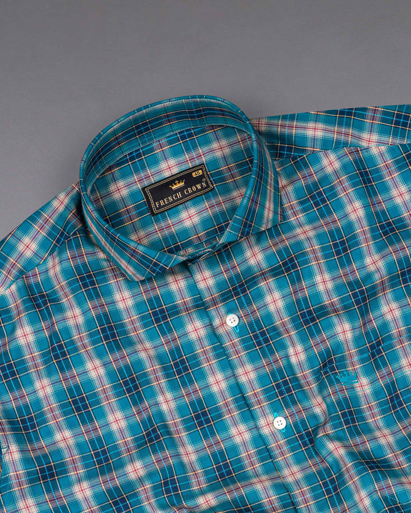Ocean Blue Twill Plaid Premium Cotton Shirt