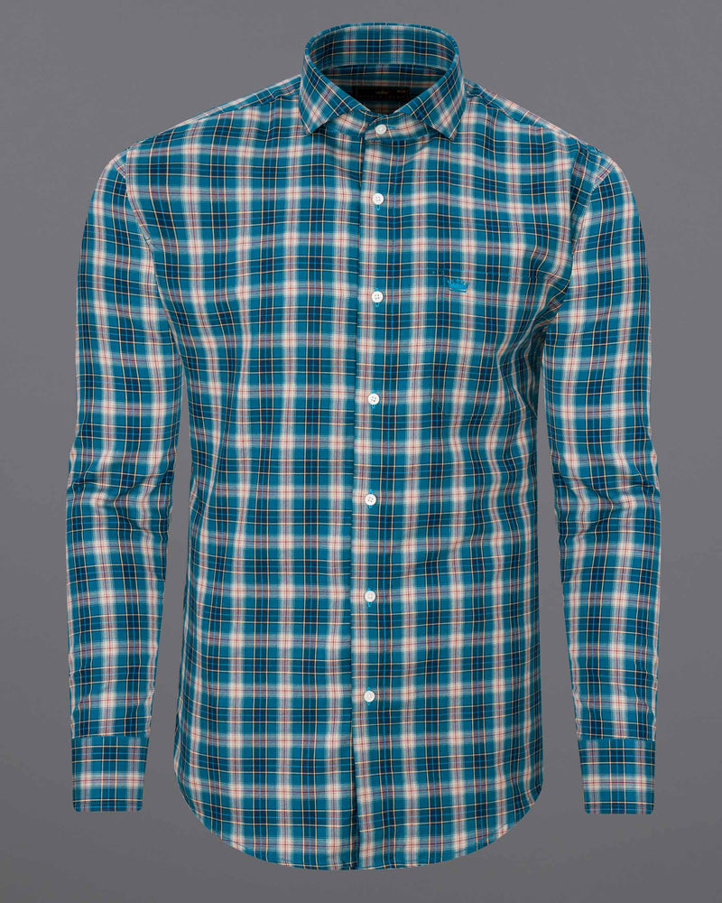 Ocean Blue Twill Plaid Premium Cotton Shirt