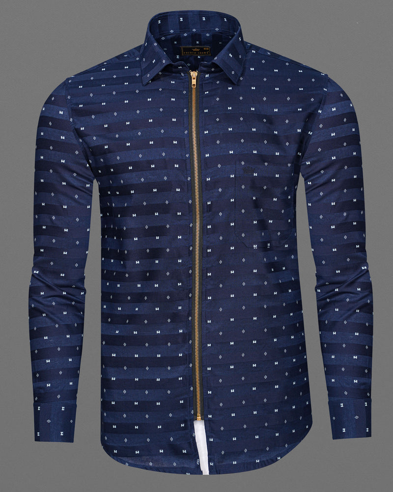 Port Gore Blue Subtle Striped Dobby Textured Premium Giza Cotton zipper Overshirt
