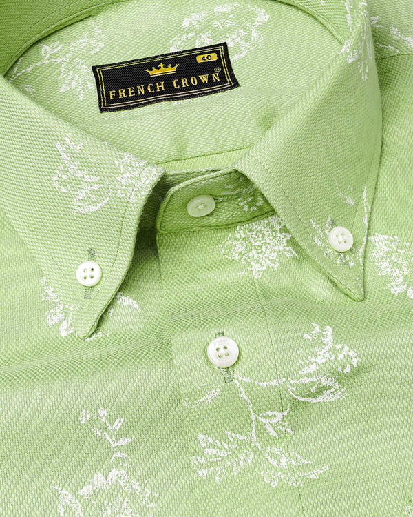 Pale Olive Green With White Floral Dobby Textured Premium Giza Cotton Shirt