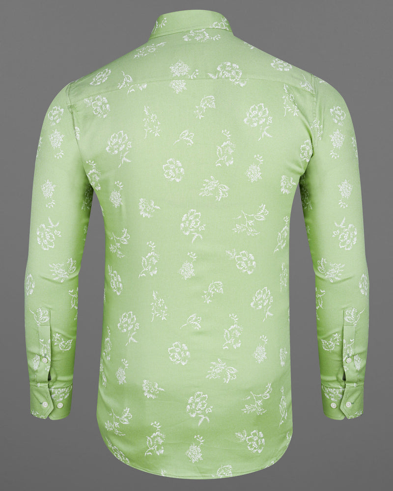 Pale Olive Green With White Floral Dobby Textured Premium Giza Cotton Shirt