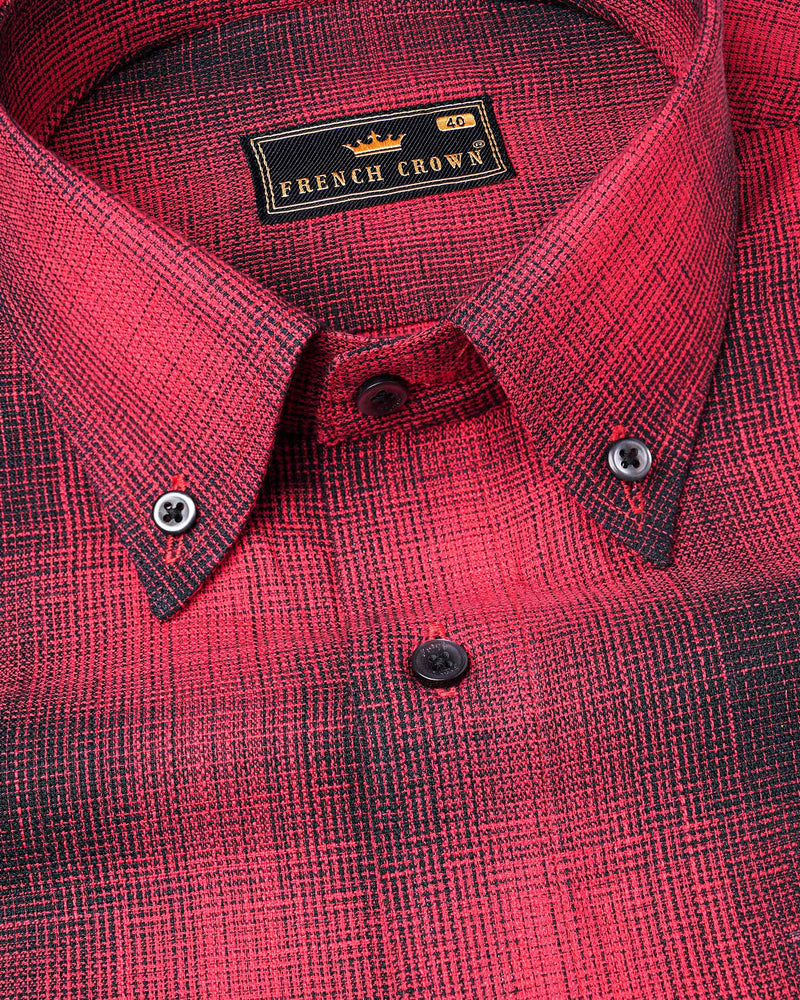 Pale Carmine Red and Jade Black Plaid Dobby Textured Premium Giza Cotton Shirt