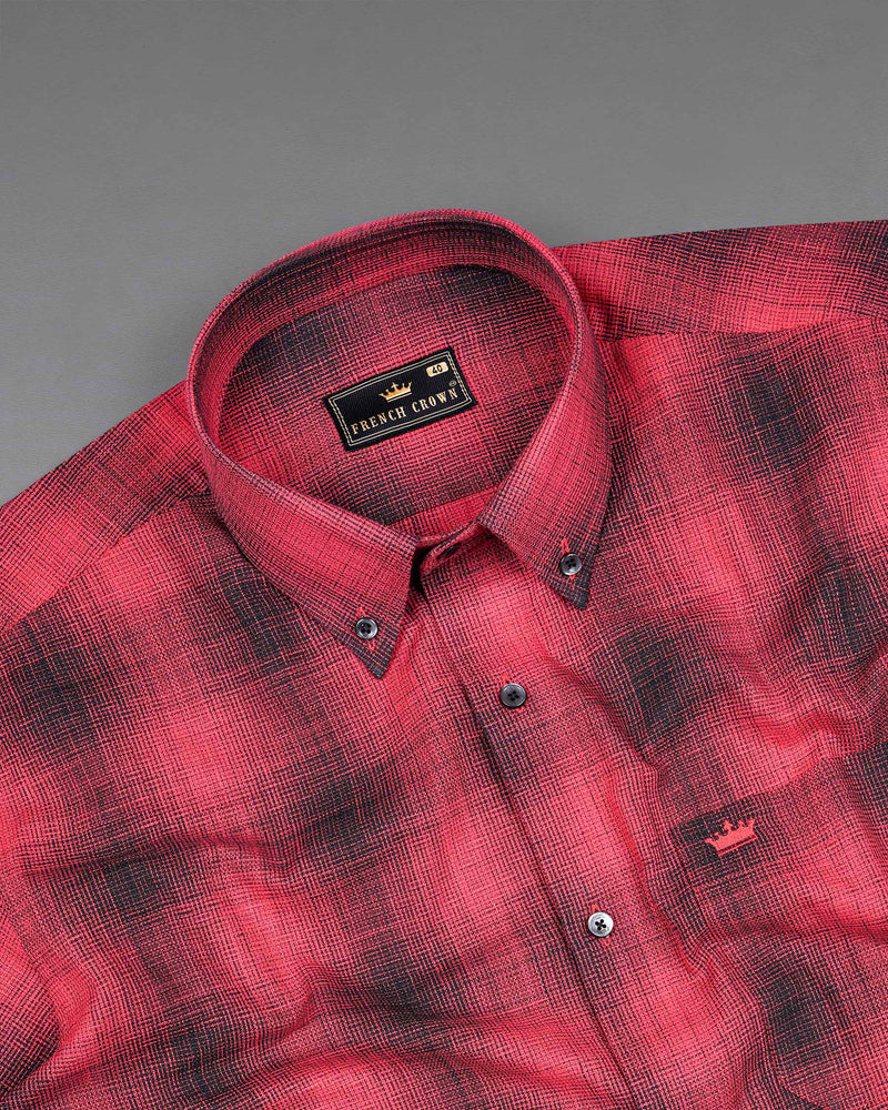 Pale Carmine Red and Jade Black Plaid Dobby Textured Premium Giza Cotton Shirt
