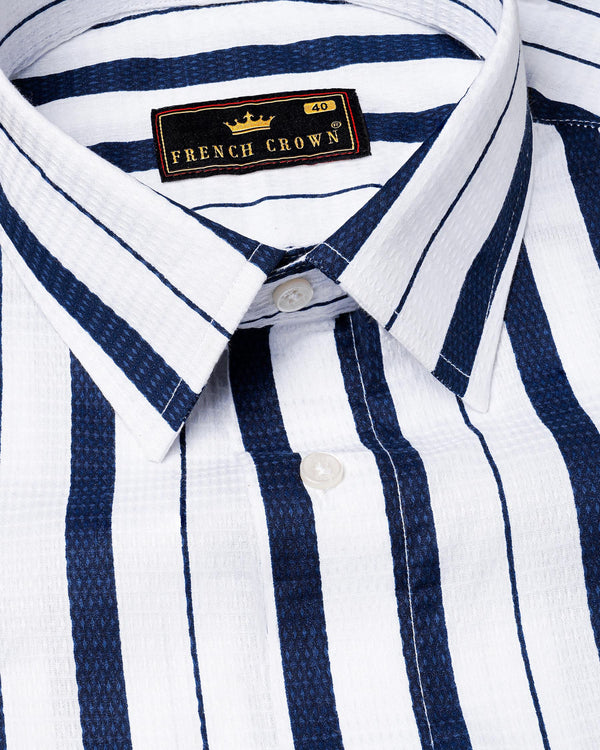Bright White and Tangaroa Blue Striped Dobby Textured Premium Giza Cotton Shirt