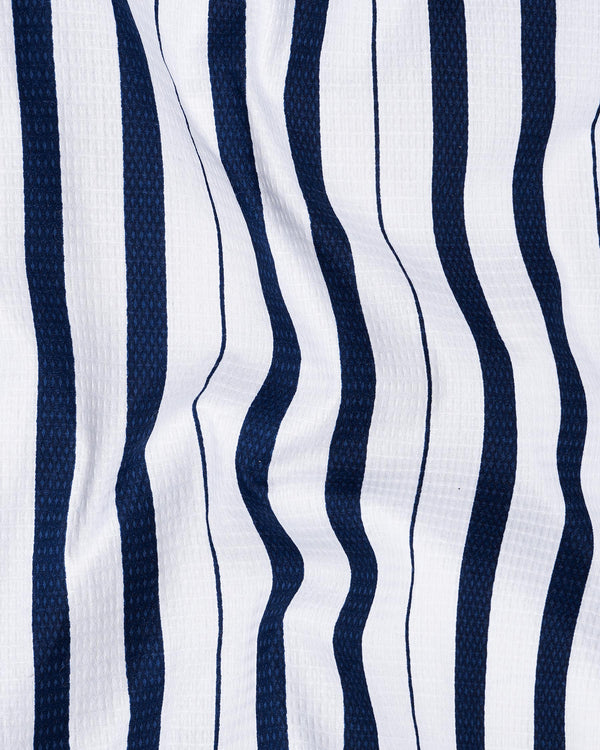 Bright White and Tangaroa Blue Striped Dobby Textured Premium Giza Cotton Shirt