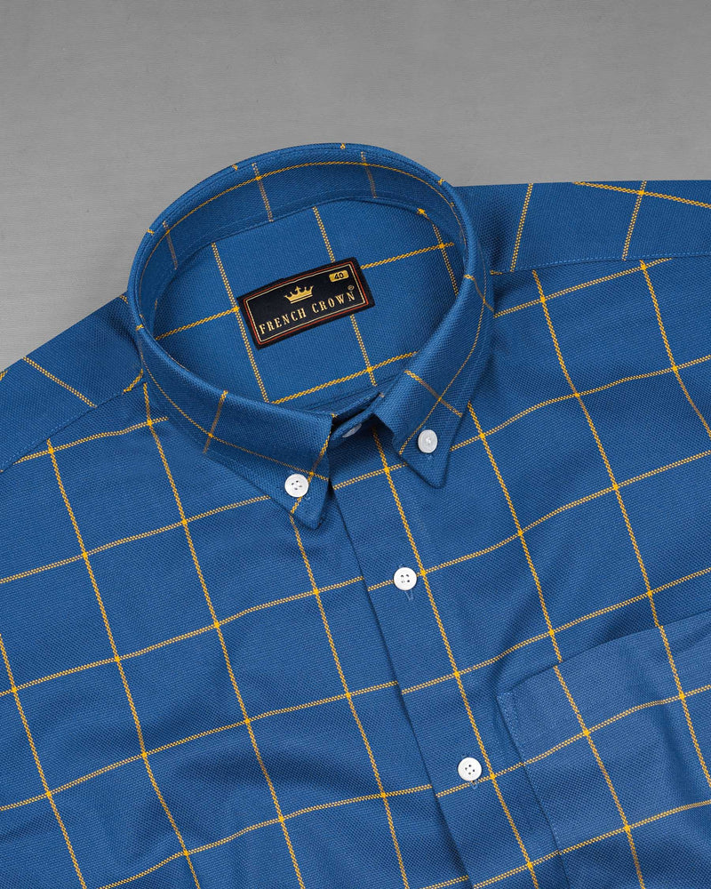 Blumine Blue With Tangerine Yellow Windowpane Dobby Textured Premium Giza Cotton Shirt