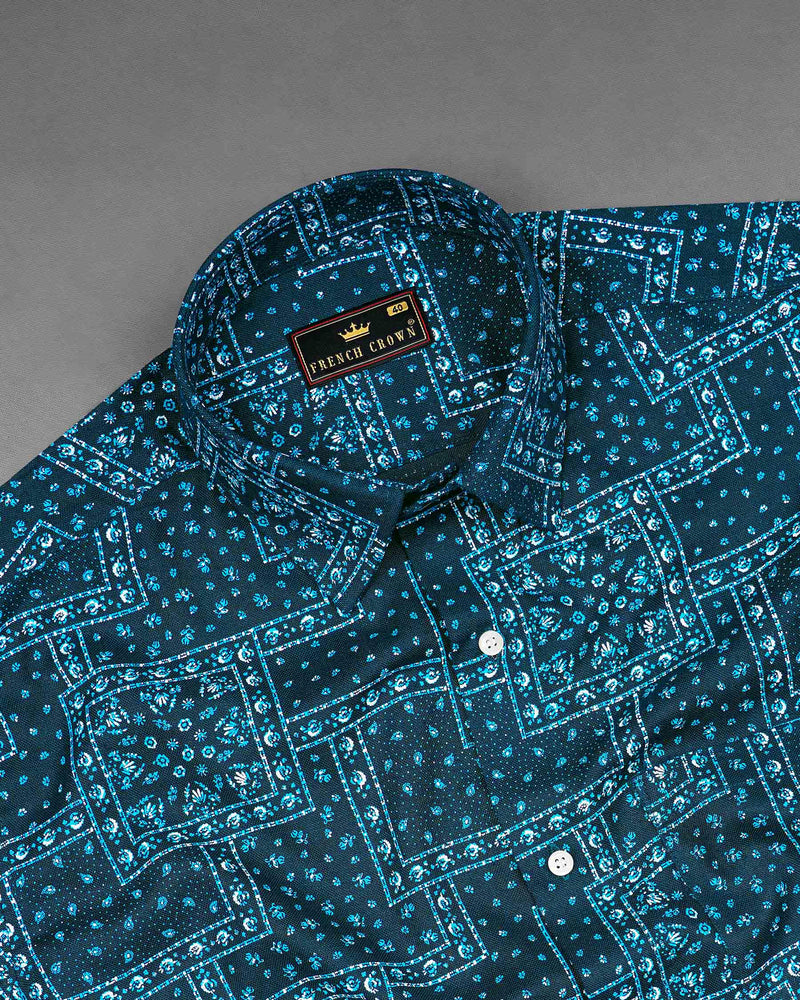 Sapphire Blue Boho Printed Luxurious Linen Shirt