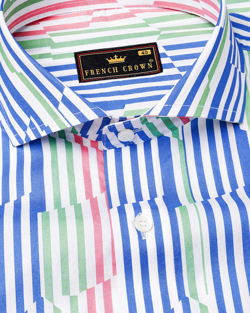 Cornflower Blue With Gum Leaf Green And Multicolored Striped Premium Cotton Shirt