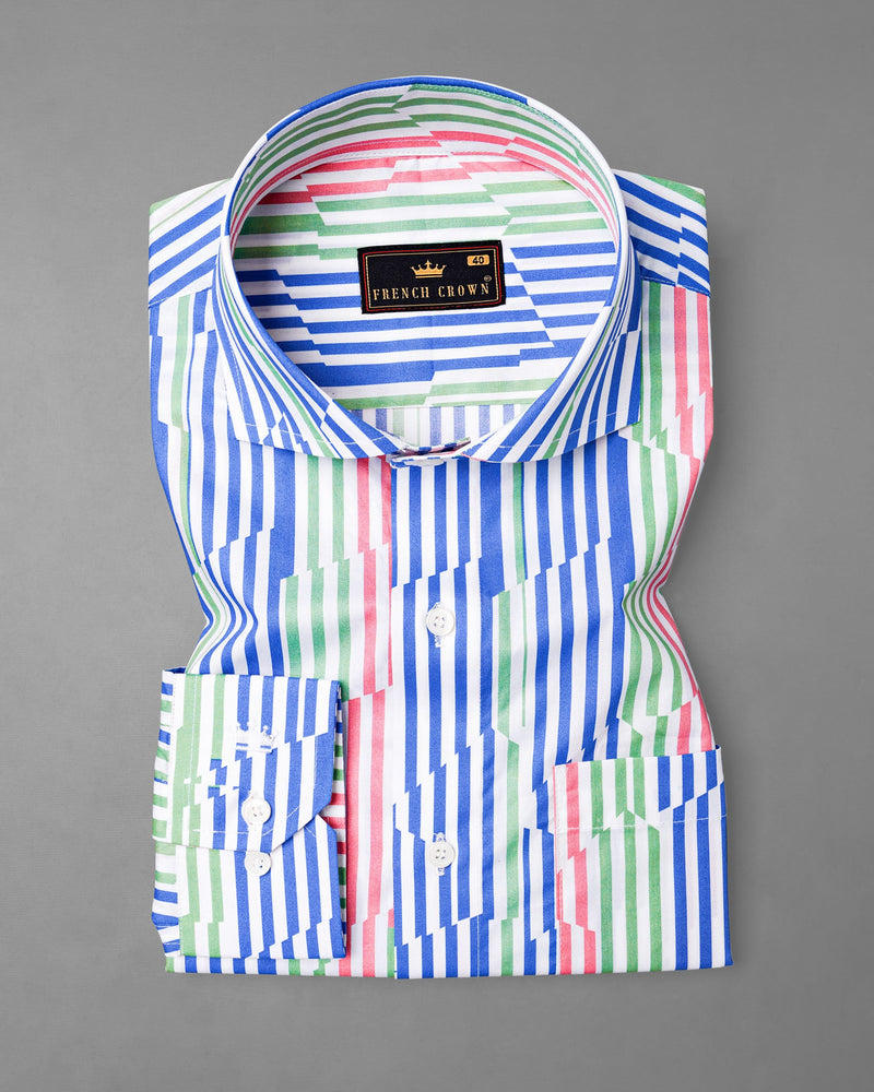 Cornflower Blue With Gum Leaf Green And Multicolored Striped Premium Cotton Shirt