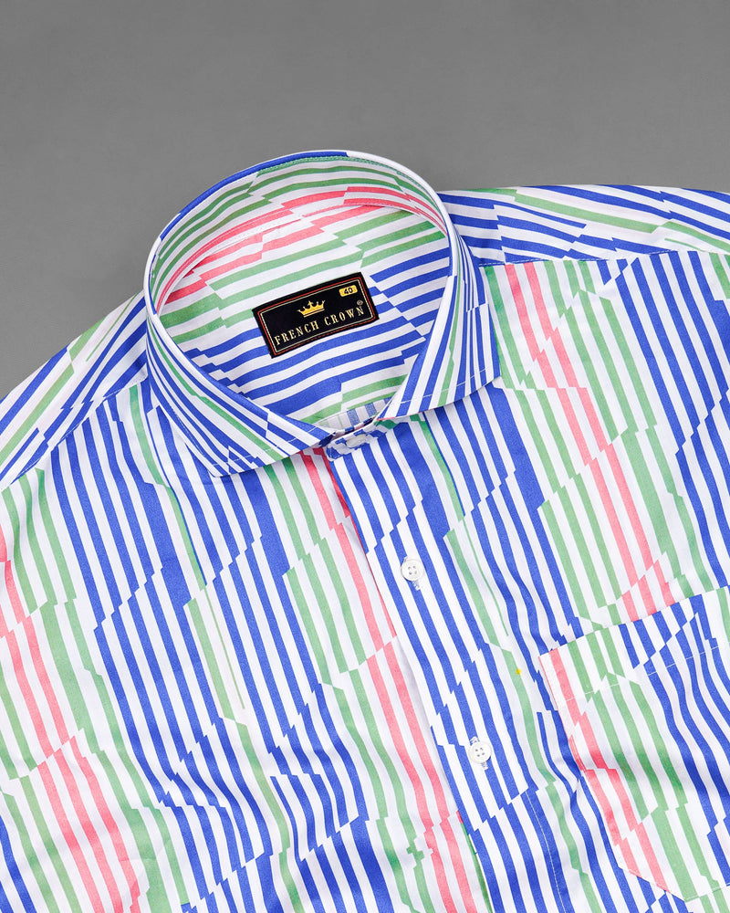 Cornflower Blue With Gum Leaf Green And Multicolored Striped Premium Cotton Shirt