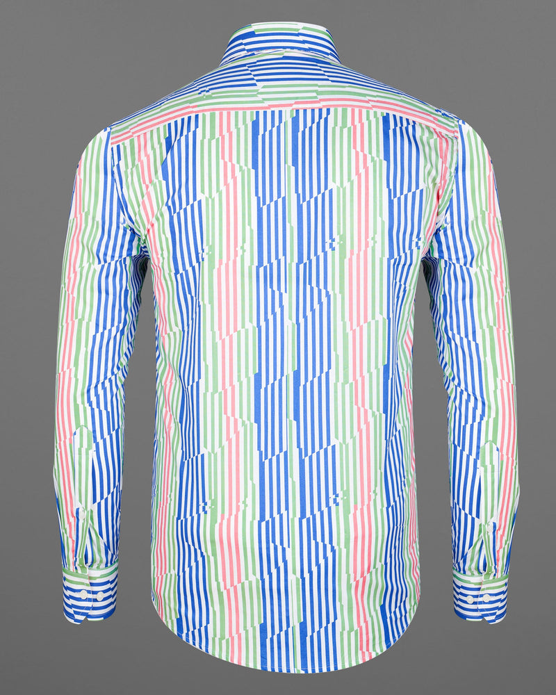 Cornflower Blue With Gum Leaf Green And Multicolored Striped Premium Cotton Shirt