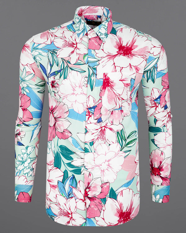 Cranberry Pink with Mint Tulip Green And Multicolored Floral Printed Premium Tencel Shirt