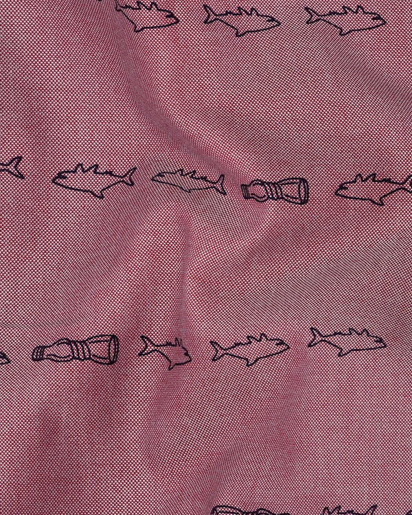 Falcon Pink With Navy Blue Fish Printed Royal Oxford Shirt