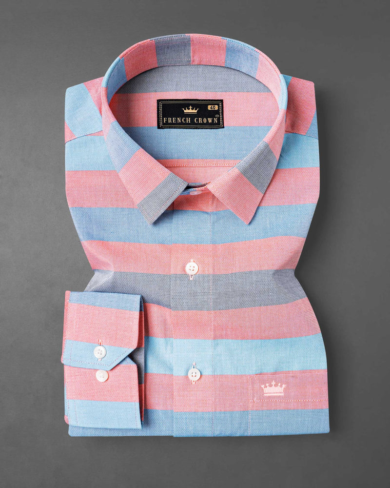 Sundown Light Orange and Glacier Blue Striped Dobby Textured Premium Giza Cotton Shirt