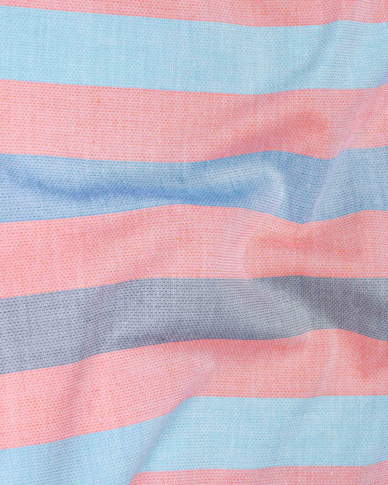 Sundown Light Orange and Glacier Blue Striped Dobby Textured Premium Giza Cotton Shirt