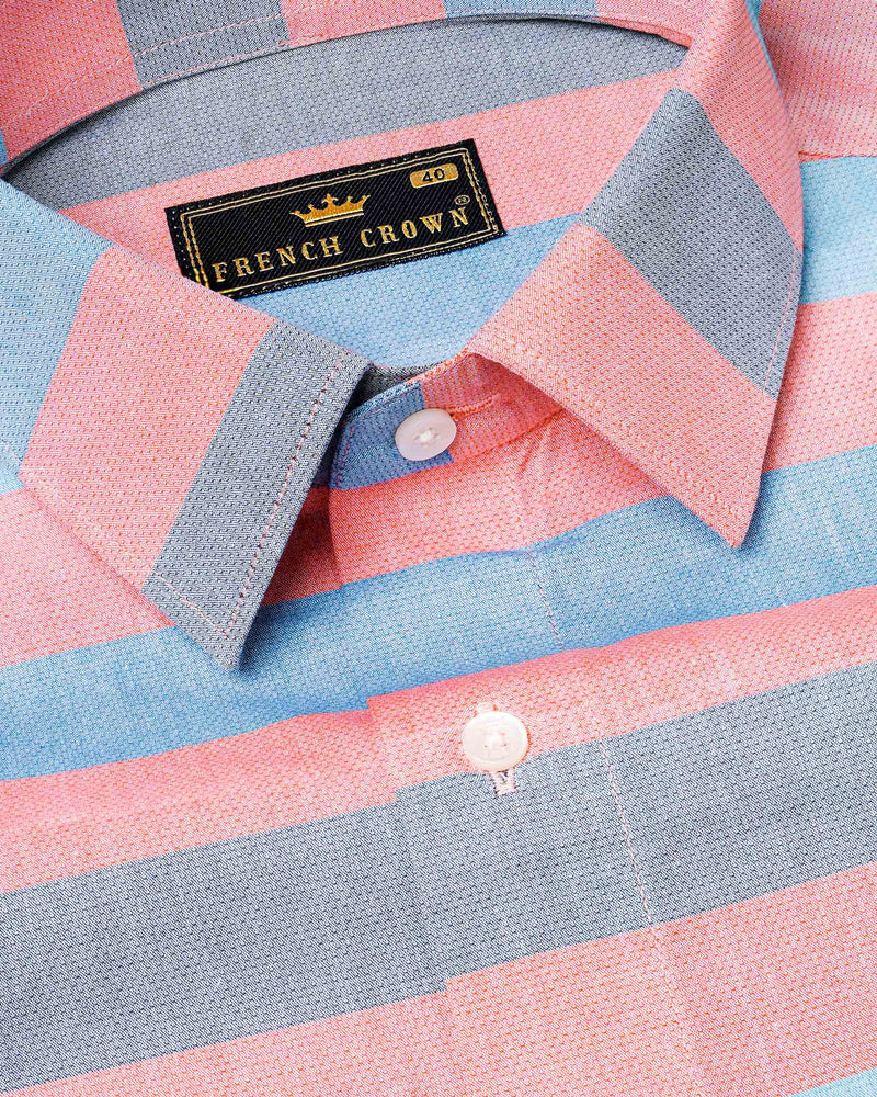 Sundown Light Orange and Glacier Blue Striped Dobby Textured Premium Giza Cotton Shirt