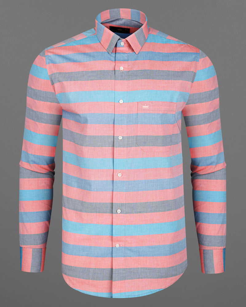 Sundown Light Orange and Glacier Blue Striped Dobby Textured Premium Giza Cotton Shirt