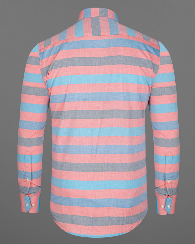 Sundown Light Orange and Glacier Blue Striped Dobby Textured Premium Giza Cotton Shirt