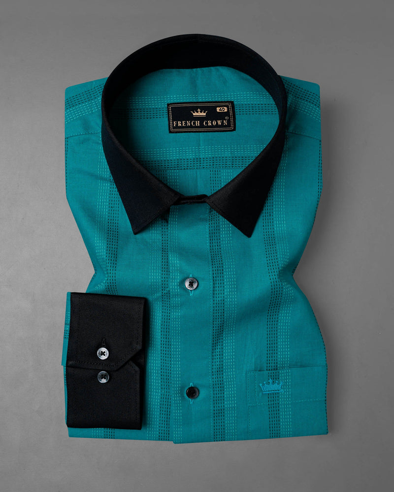 Dark Aqua Blue with Swamp Black Collar and Cuffs Twill Premium Cotton Shirt