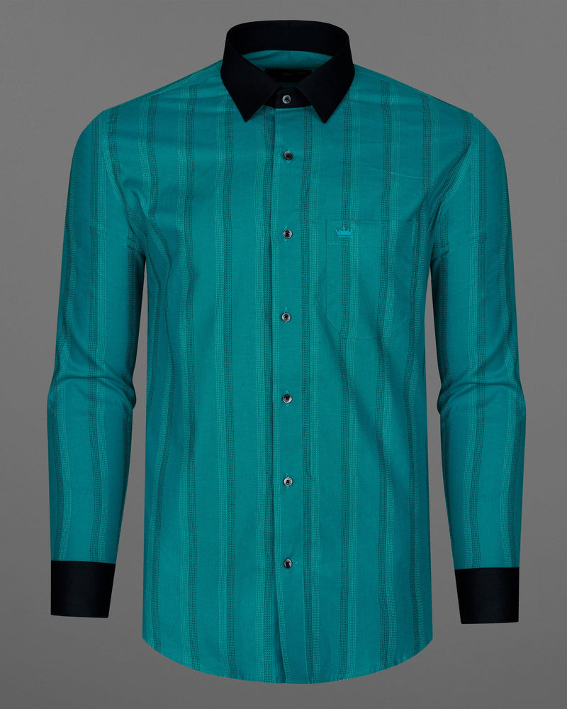 Dark Aqua Blue with Swamp Black Collar and Cuffs Twill Premium Cotton Shirt