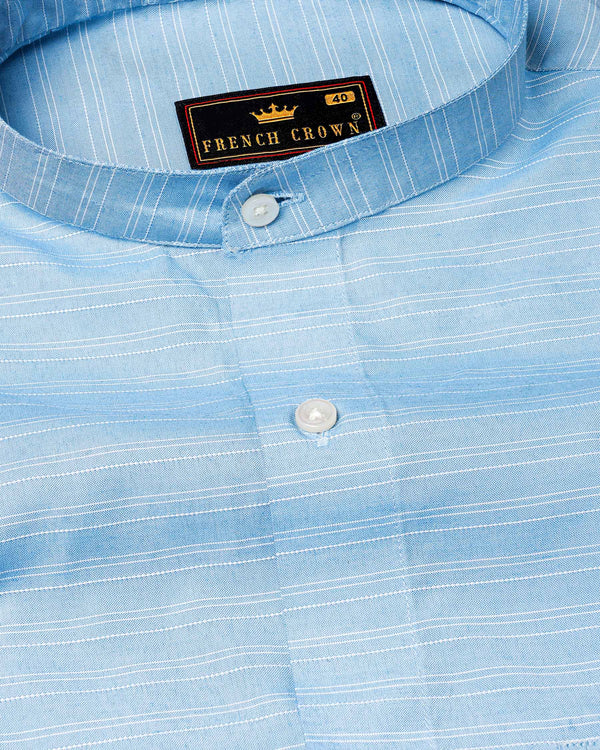 Pale Cerulean Blue With White Striped Dobby Textured Premium Giza Cotton Shirt
