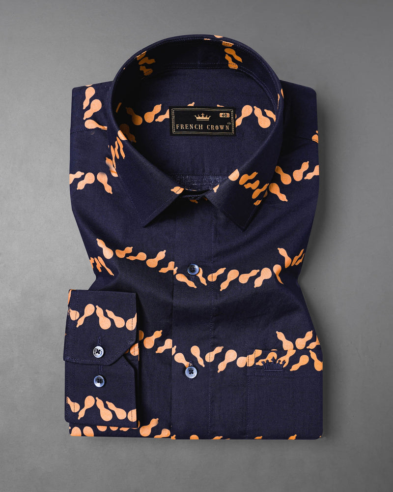 Gunmetal Navy Blue With Melon Orange Printed Premium Cotton Shirt