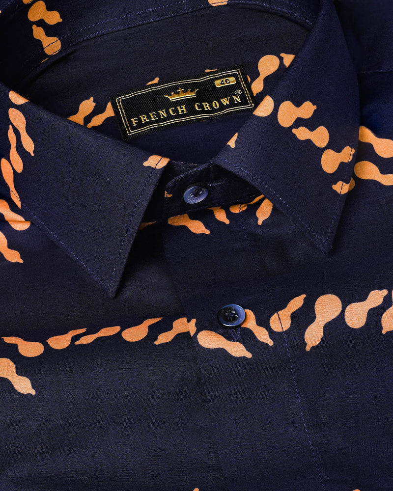 Gunmetal Navy Blue With Melon Orange Printed Premium Cotton Shirt