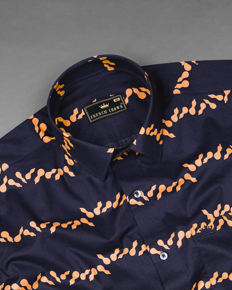 Gunmetal Navy Blue With Melon Orange Printed Premium Cotton Shirt