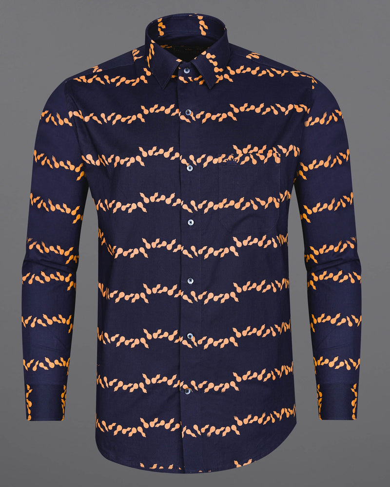 Gunmetal Navy Blue With Melon Orange Printed Premium Cotton Shirt