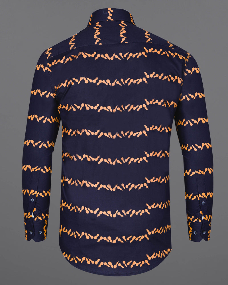 Gunmetal Navy Blue With Melon Orange Printed Premium Cotton Shirt