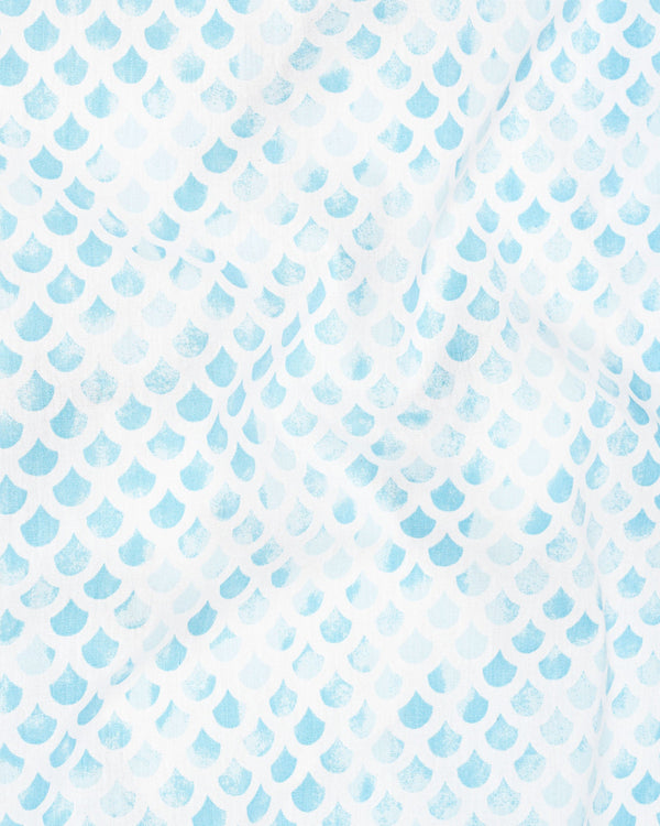 Tropical Blue and White Scalloped Pattern Printed Premium Cotton Kurta Shirt