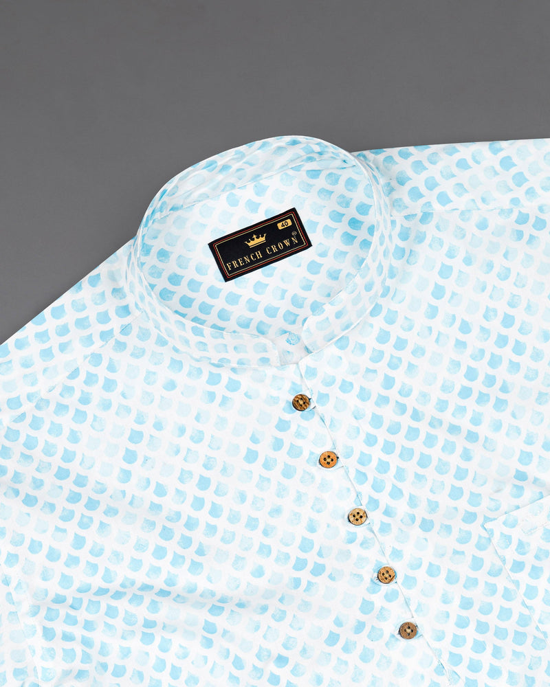 Tropical Blue and White Scalloped Pattern Printed Premium Cotton Kurta Shirt