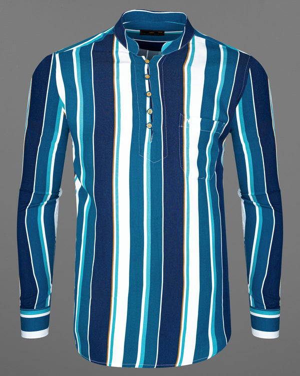 Bright White with Shakespeare Blue and Cyprus Blue Striped Premium Tencel Kurta Shirt