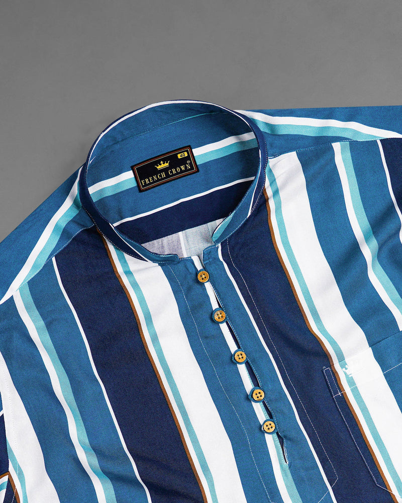 Bright White with Shakespeare Blue and Cyprus Blue Striped Premium Tencel Kurta Shirt