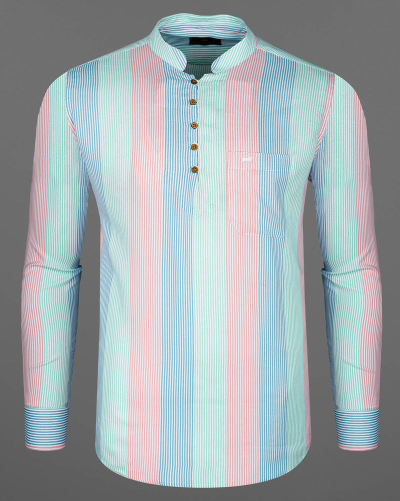 Blossom Pink with Glacier Blue and Riptide Green Pinstriped Premium Tencel Kurta Shirt