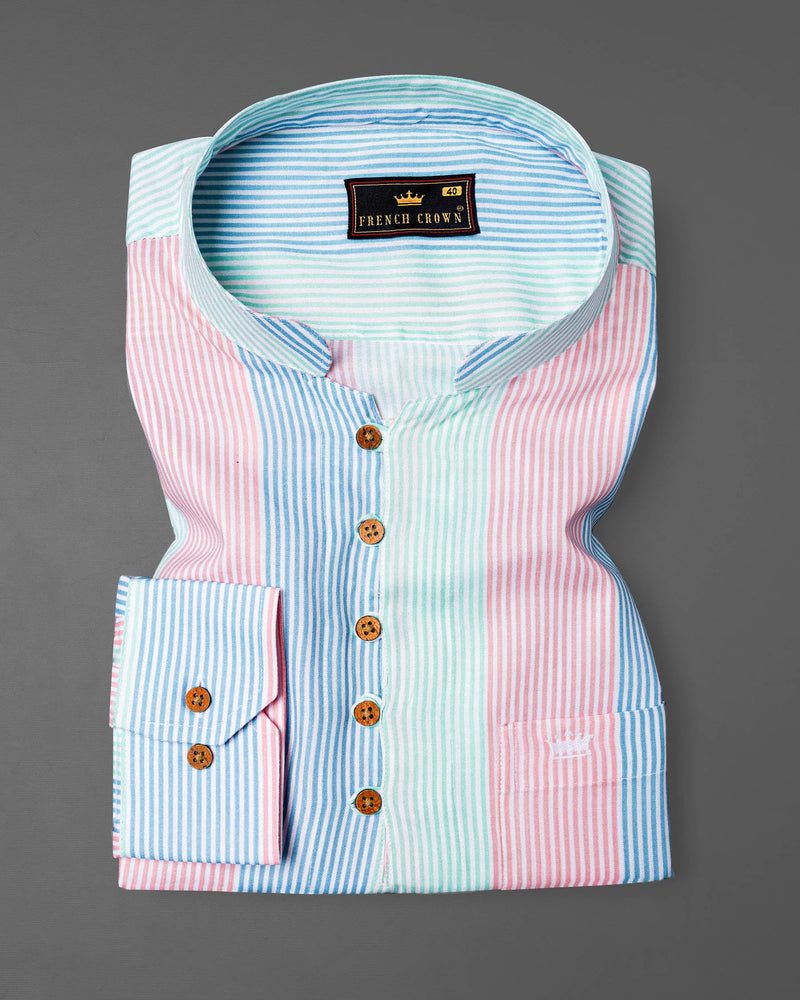 Blossom Pink with Glacier Blue and Riptide Green Pinstriped Premium Tencel Kurta Shirt