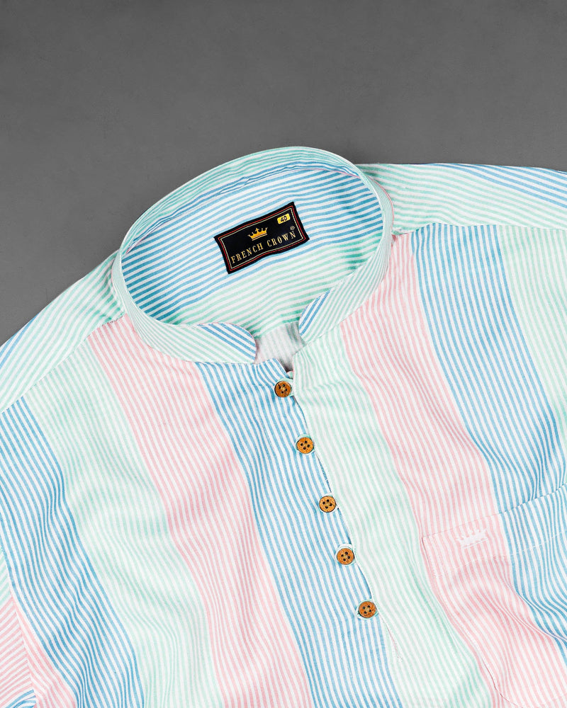 Blossom Pink with Glacier Blue and Riptide Green Pinstriped Premium Tencel Kurta Shirt