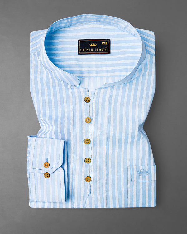 Heather Blue and White Striped Premium Cotton Kurta Shirt