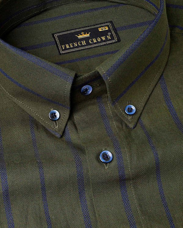 Taupe Green With Valhalla Navy Blue Striped Dobby Textured Premium Giza Cotton Shirt