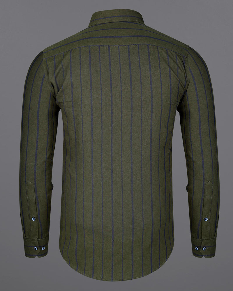 Taupe Green With Valhalla Navy Blue Striped Dobby Textured Premium Giza Cotton Shirt