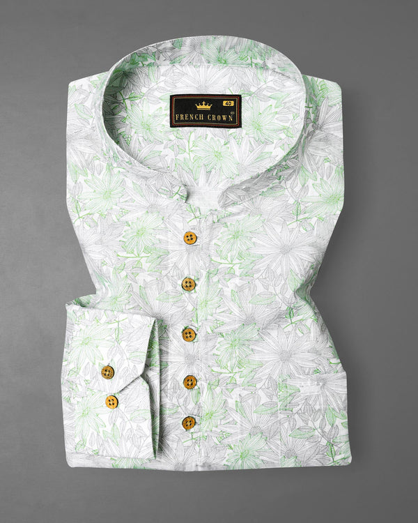Olivine Green With White Floral Printed Luxurious Linen Kurta Shirt