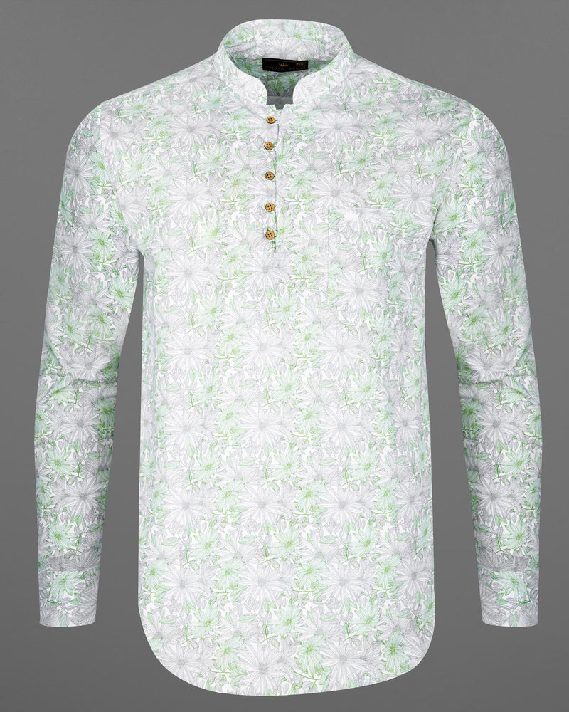 Olivine Green With White Floral Printed Luxurious Linen Kurta Shirt