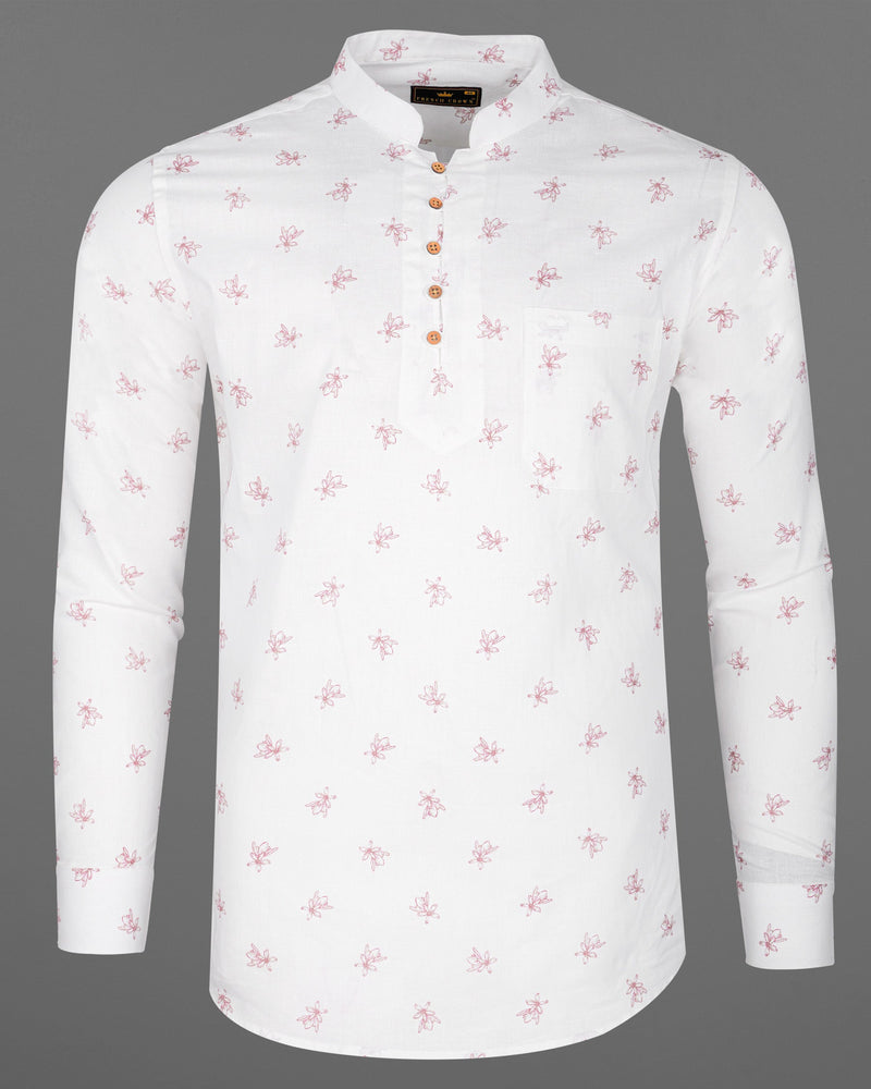 Bright White With Charm Pink Ditzy Floral Printed Luxurious Linen Kurta Shirt