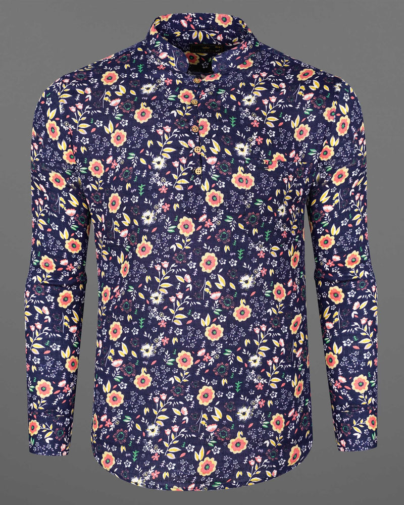 Tuna Blue With Multicolored Ditzy Floral Printed Dobby Textured Premium Giza Cotton Kurta Shirt